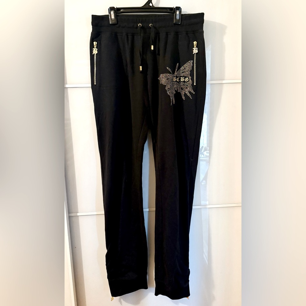 BCBG Vintage Black Velour Pants with Gold Butterfly Designs Size L